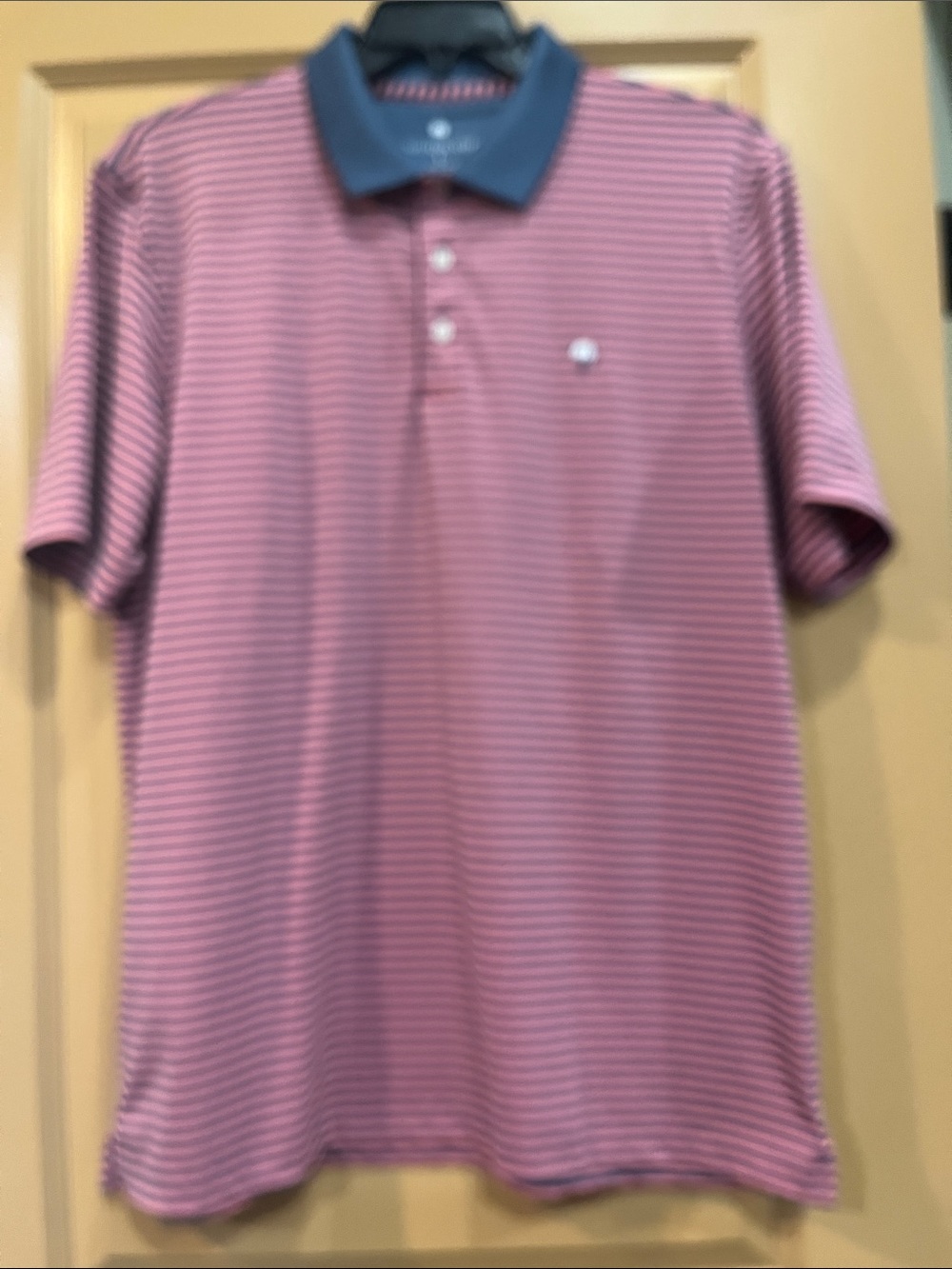 Men's Pink Southern Shirt Striped Polo Shirt with Navy Collar Large